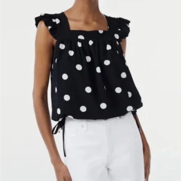 Scoop Women's Flutter Sleeve Black White Polka Dot Top with Tie Hem Size Large - Picture 9 of 9